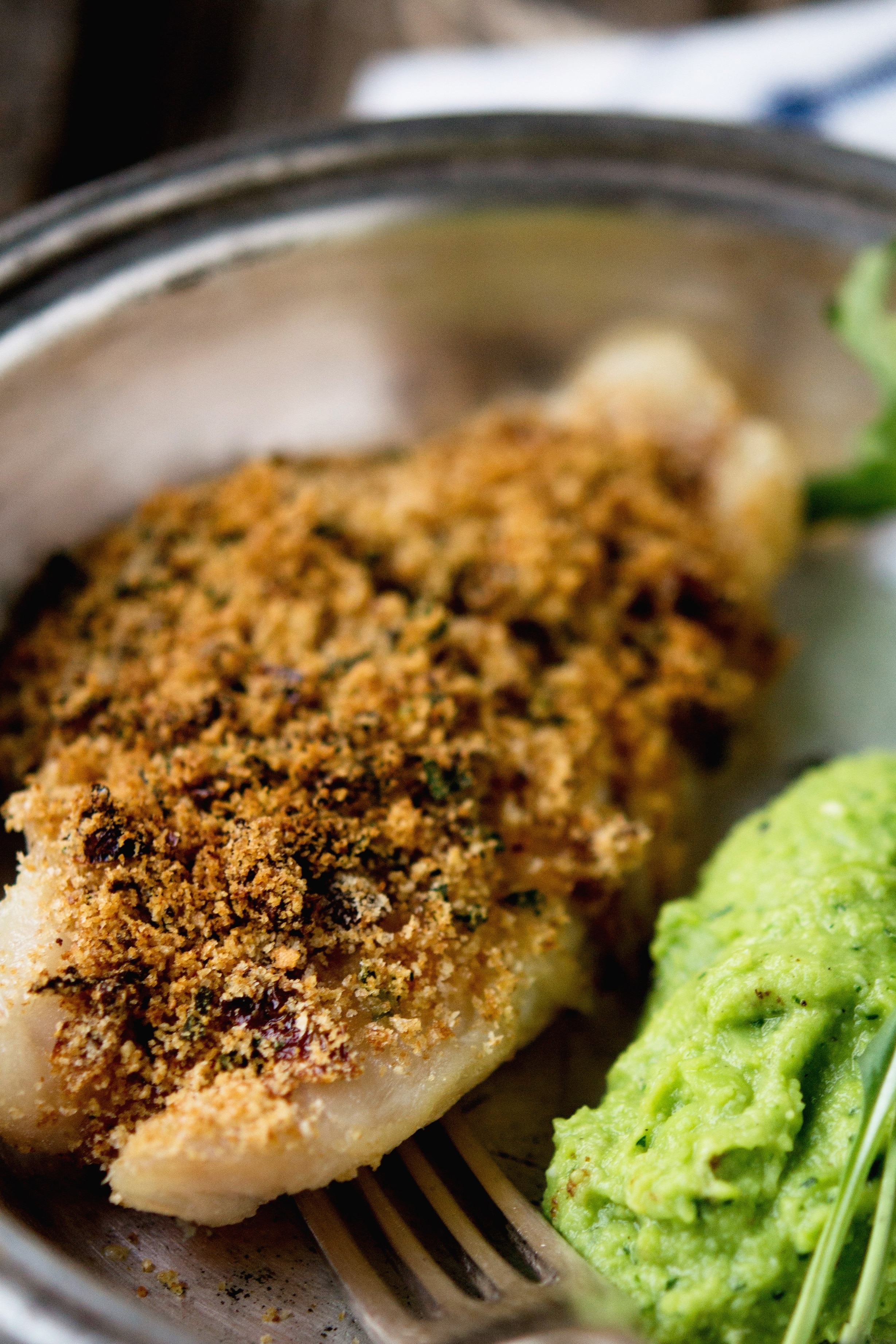 Filetti di cernia gratinati con pesto di fave