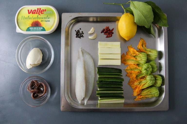 Rombo in padella, crema di zucchine e fiori di zucca brasati - Ingredienti